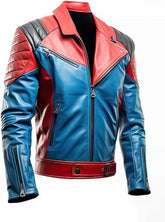 Men's Red and Blue Genuine Sheepskin Leather Quilted Shoulders Jacket